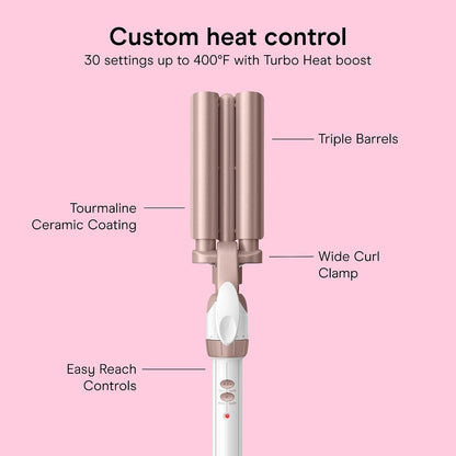 HOTConair Curling Iron & Waver Hair Tool, Triple Barrel, White/Rose Gold | Double Ceramic Conair curling iron with 5/8" outer barrels, a 1/2" inner barrel, 30 heat settings, and auto-off function