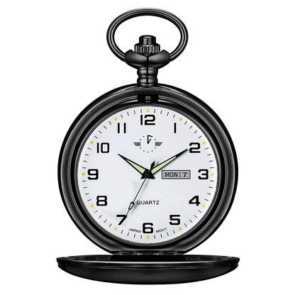 HOTBOSHIYA Smooth Quartz Pocket Watches for Men Classic Arabic Digital Luminous Dial & Day Date Pocket Watch with Chain Christmas Graduation Birthday Gifts