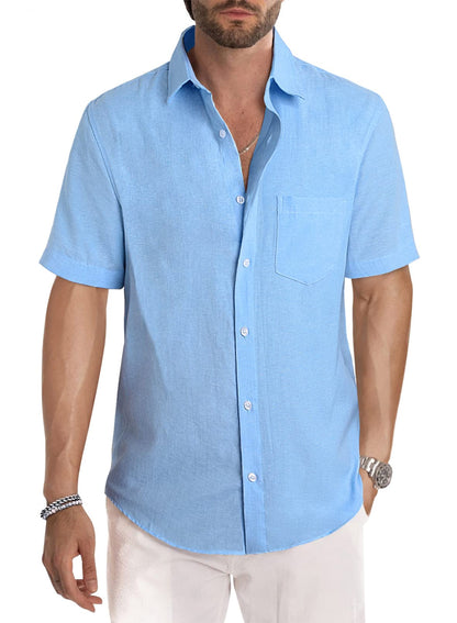 HOTJMIERR Men's Casual Stylish Short Sleeve Button-Up Striped Dress Shirt Cotton Beach Shirts
