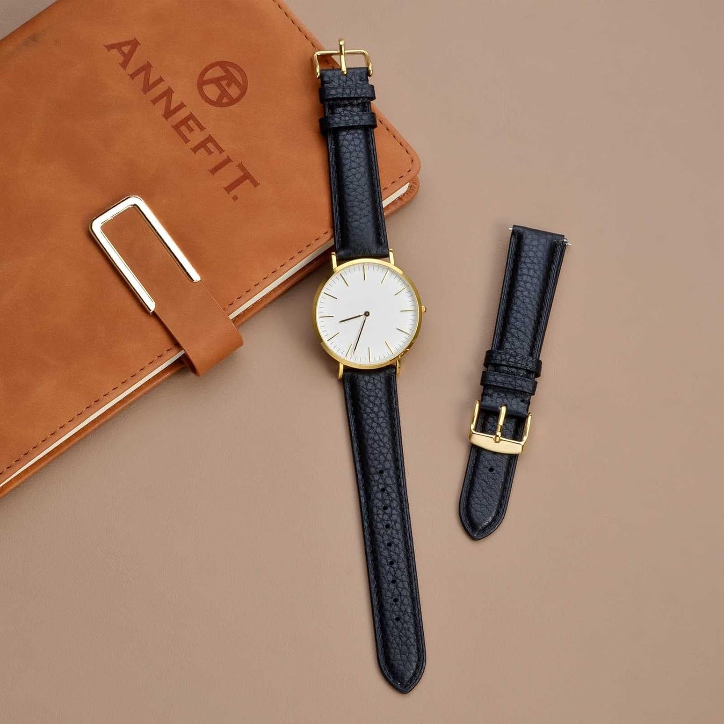 HOTANNEFIT Watch Band 18mm, Quick Release Textured Padded Leather Straps with Gold Buckle for Men and Women (Black)