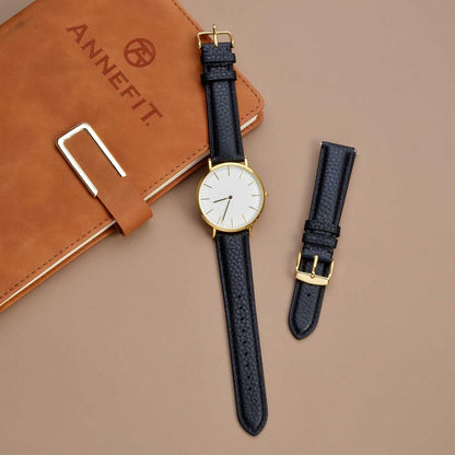 HOTANNEFIT Watch Band 18mm, Quick Release Textured Padded Leather Straps with Gold Buckle for Men and Women (Black)