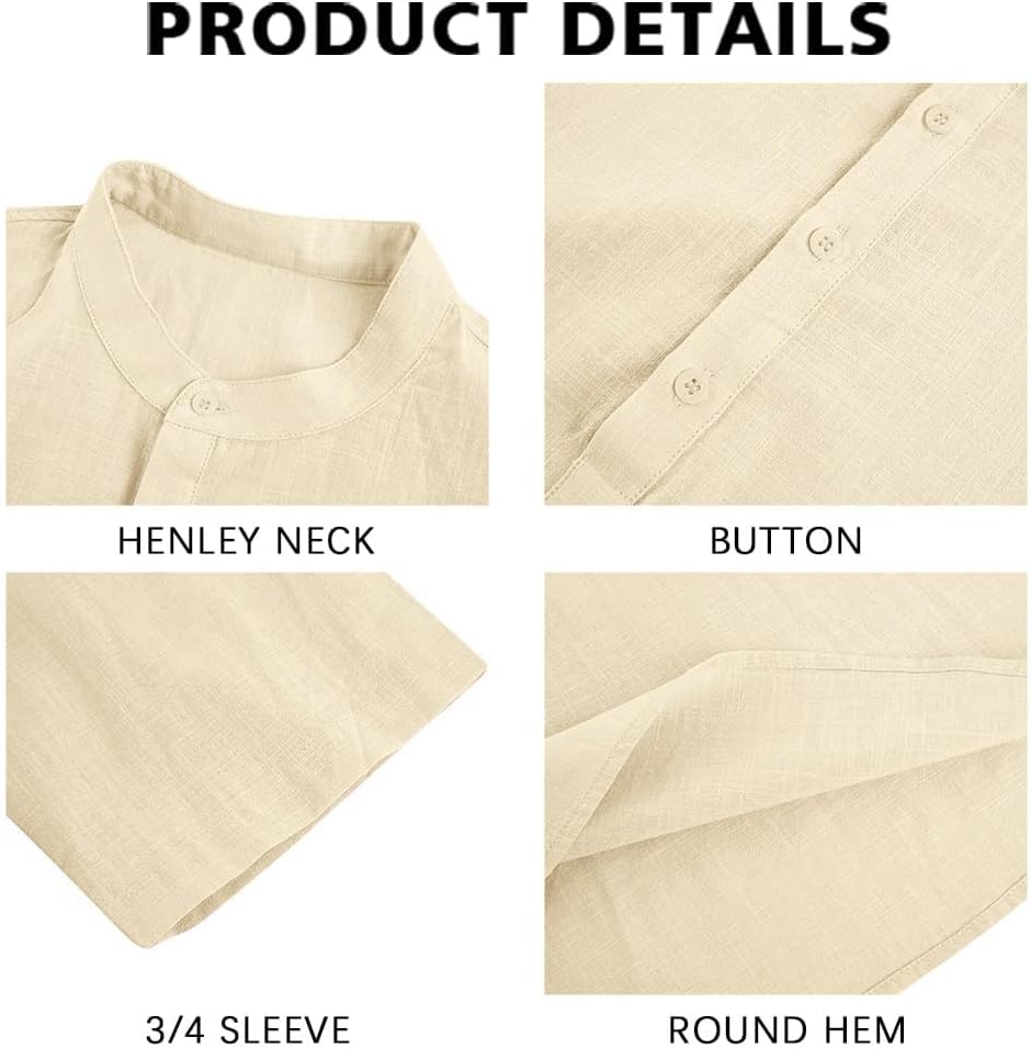 HOTRyannology Mens Linen Shirts Casual Cotton 3/4 Sleeve Regular-Fit Henley T-Shirt Summer Lightweight Beach Yoga Tops