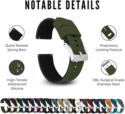 HOTBARTON Elite Silicone Watch Bands - Quick Release - Choose Strap Color & Buckle Color (Stainless Steel, Black PVD or Gunmetal Grey) - 18mm, 20mm, 22mm & 24mm Watch Straps