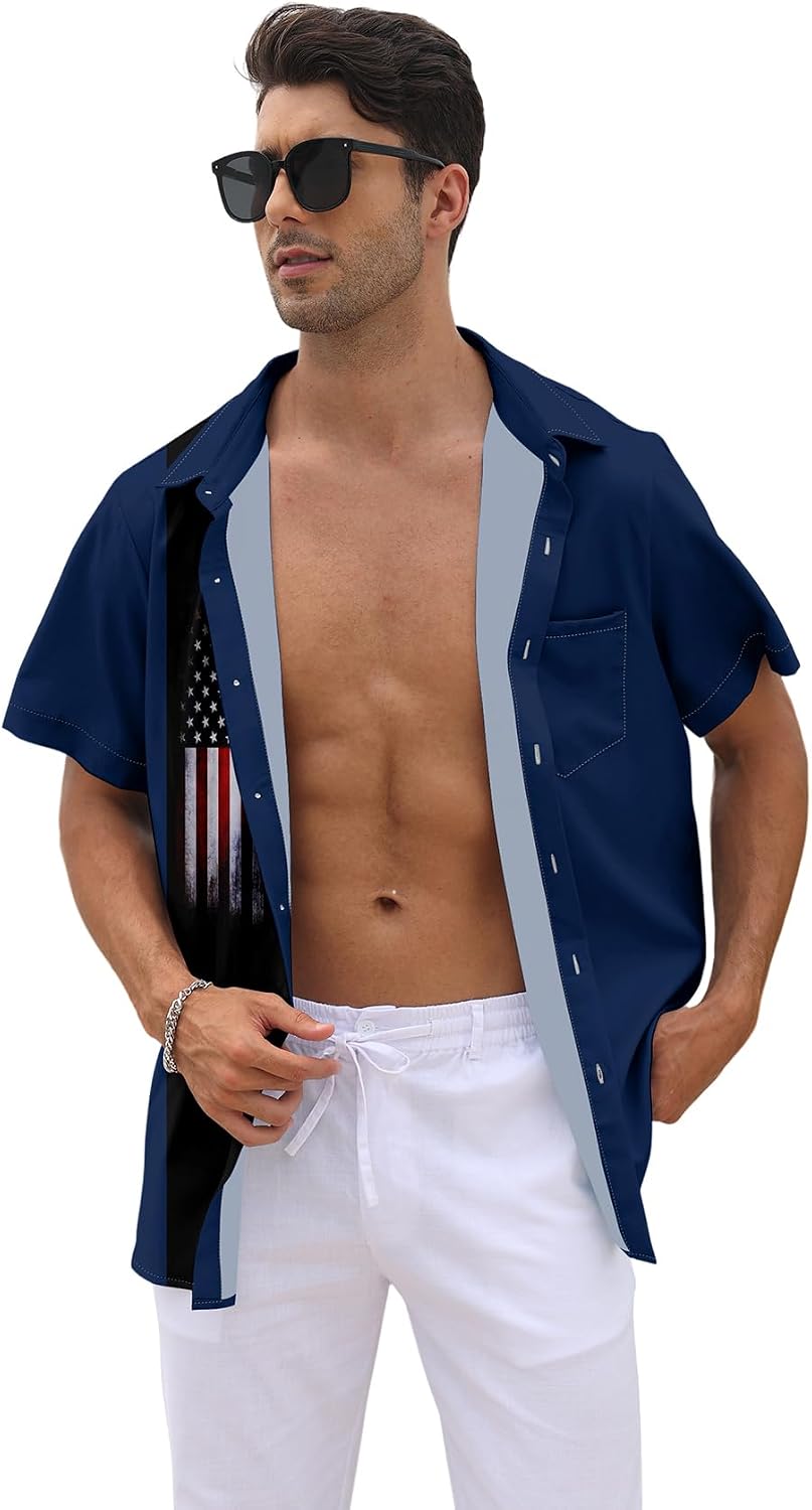 HOTWHO IN SHOP Men's 4th of July American Flag Patriotic Shirts Short Sleeve Button Up USA Memorial Day Shirts