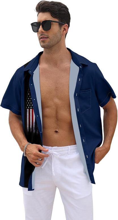 HOTWHO IN SHOP Men's 4th of July American Flag Patriotic Shirts Short Sleeve Button Up USA Memorial Day Shirts