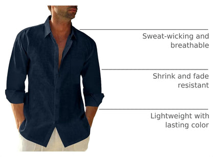 HOTJEKAOYI Button Down Linen Shirts for Men Casual Long Sleeve Regular Fit Cotton Beach Shirts with Pocket