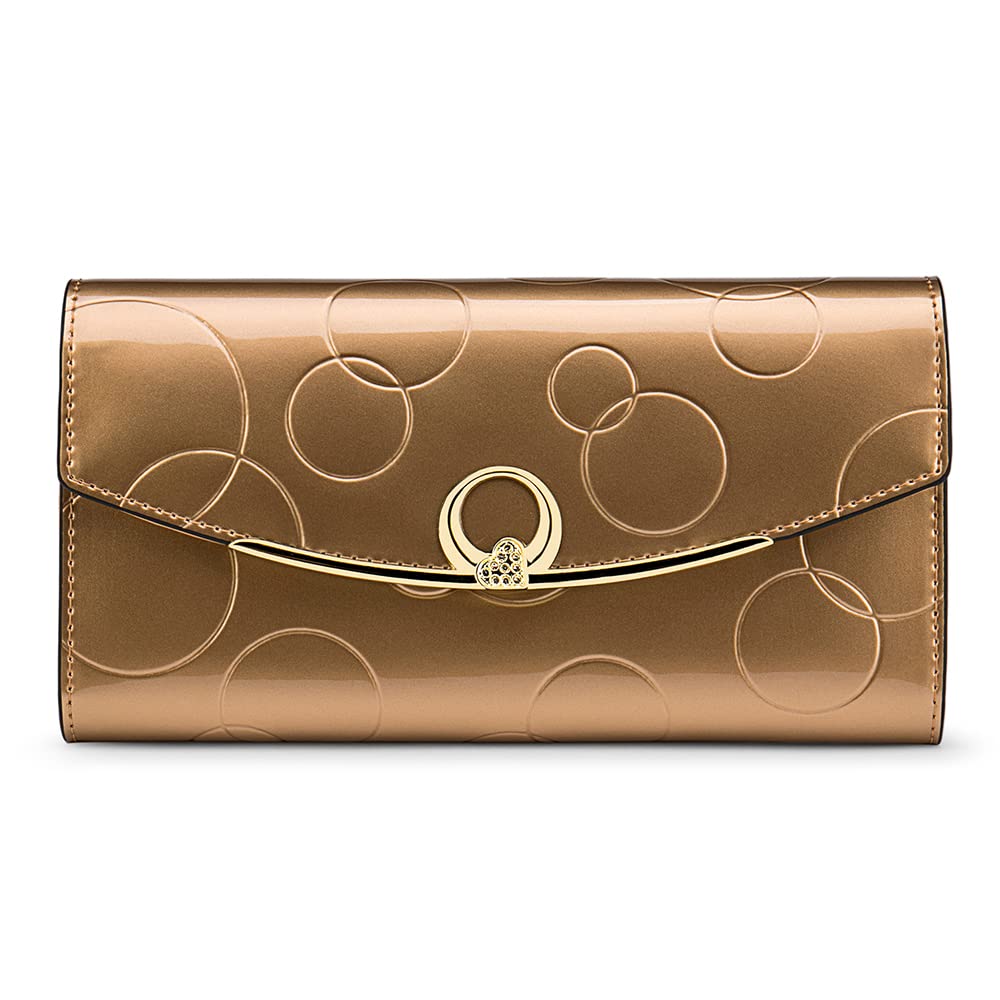 HOTWallet Women's Genuine Leather Long Three Fold Wallet Bright Leather Large Capacity Buckle, Circled Embossed Pattern, RFID and Magnetic Anti Theft (Wine Red)