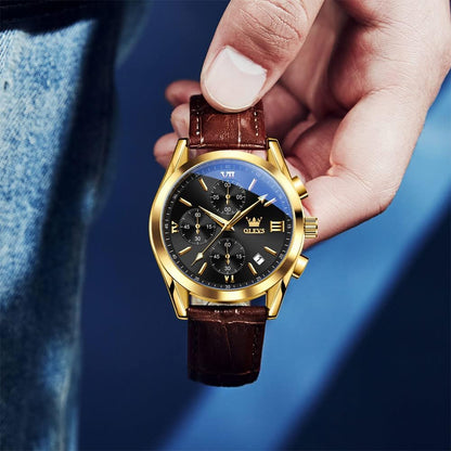 HOTOLEVS Men's Casual Leather Watch, Big Face Chronograph Watch for Men, Fashion Easy to Read Dress Watch, Men's Waterproof Luminous Date Analog Watch, Gold/Black/White/Blue Dial