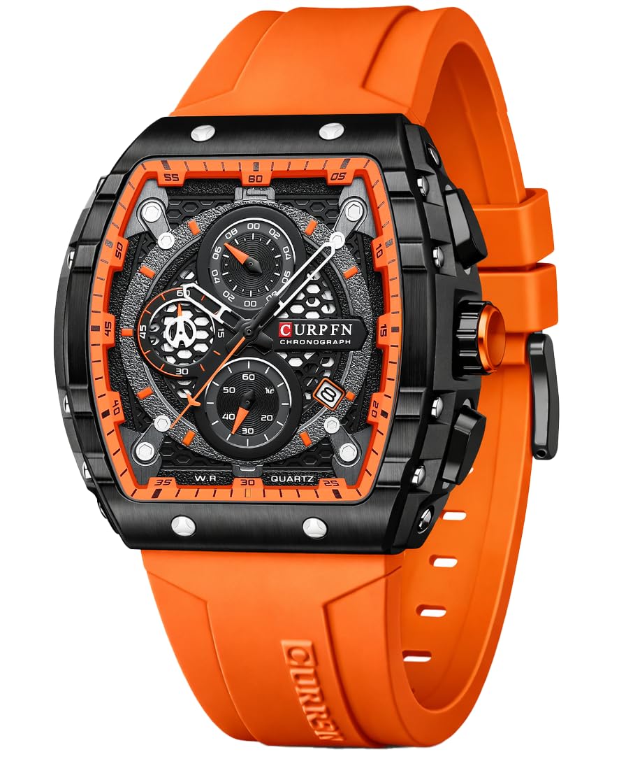 HOTPASOY Men's Chronograph Watch, Big Face, Tonneau Case, Rubber Strap | 47mm analog quartz watch, working chronograph with 1/10-second, second and minute subdials, date, stainless steel case