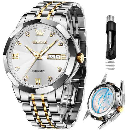 HOTOLEVS Skeleton Men Watches Automatic Business Luxury Diamond Self Winding Watch for Men Stainless Steel Calendar Wrist Watch