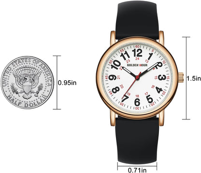 HOTGOLDEN HOUR Waterproof Nurse Watch for Medical Professionals, Students Women Men - Military Time Luminouse Easy Read Dial, 24 Hour with Second Hand, Colorful Silicone Band