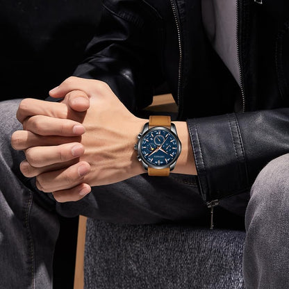 HOTWatches for Men Chronograph Analog Luminous Quartz Watch Blue Black Luxury Genuine Leather Mens Watches Business Sports Waterproof Wristwatch Elegant Gift for Him