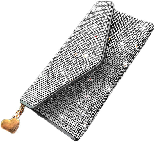 HOTBling Crystal Rhinestones Leather Pocket Card Case Wallet Organizer with Zipper Multifunctional Large Capacity Shining for Women Girls (White)