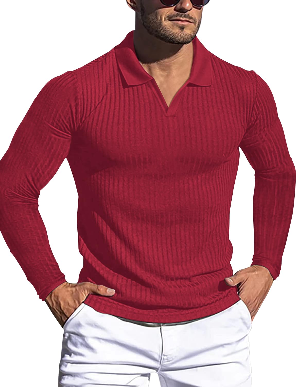 HOTMen's Muscle V Neck Polo Shirts Slim Fit Short Long Sleeve Cotton Golf T-Shirts Ribbed Knit Soft Tees