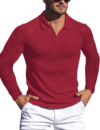HOTMen's Muscle V Neck Polo Shirts Slim Fit Short Long Sleeve Cotton Golf T-Shirts Ribbed Knit Soft Tees
