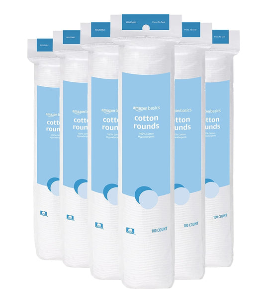 HOTAmazon Basics Hypoallergenic 100% Cotton Rounds for Makeup Remover and Skincare, All Skin Types, 600 Count, 6 Packs of 100 Count