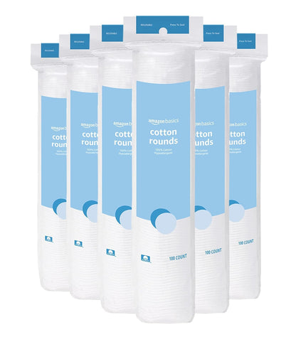 HOTAmazon Basics Hypoallergenic 100% Cotton Rounds for Makeup Remover and Skincare, All Skin Types, 600 Count, 6 Packs of 100 Count