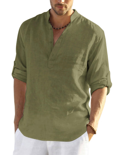 HOTCOOFANDY Men's Cotton Linen Henley T-Shirt Long Sleeve Hippie Casual Beach T-Shirts