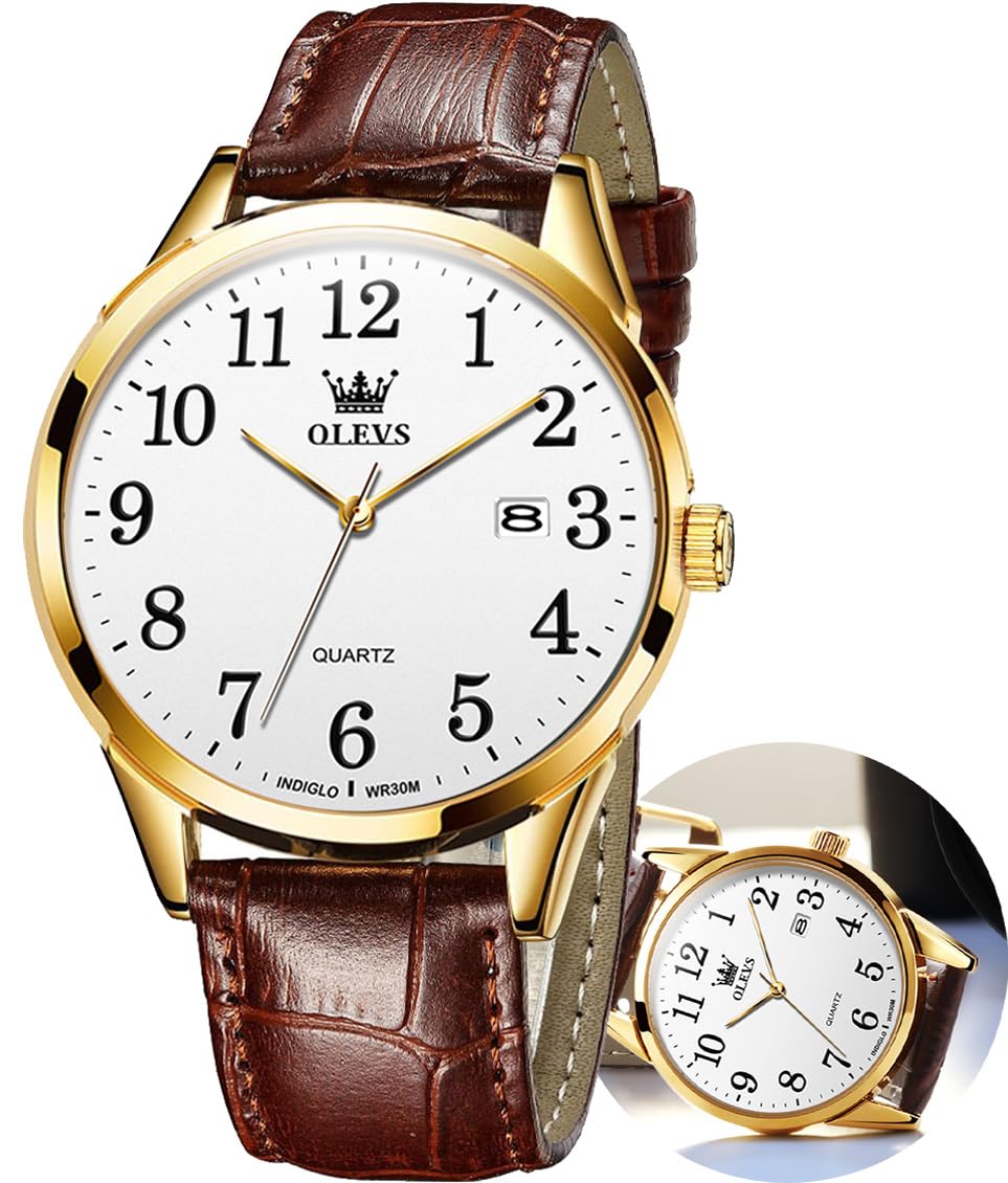 HOTOLEVS Mens Watches Vintage Leather Band Dress Classic Easy Reader Arabic Numerals Analog Quartz Waterproof Date Day Men's Wrist Watches