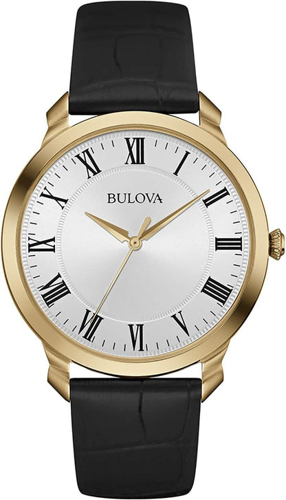 HOTBulova Men's Classic 3-Hand Quartz Black Leather Strap Watch, Roman Numeral Markers, 41mm