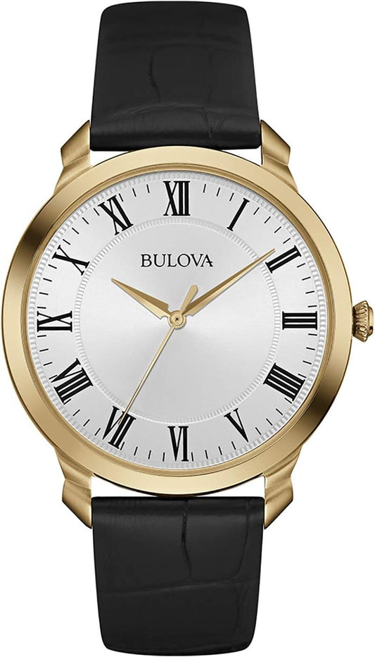 HOTBulova Men's Classic 3-Hand Quartz Black Leather Strap Watch, Roman Numeral Markers, 41mm