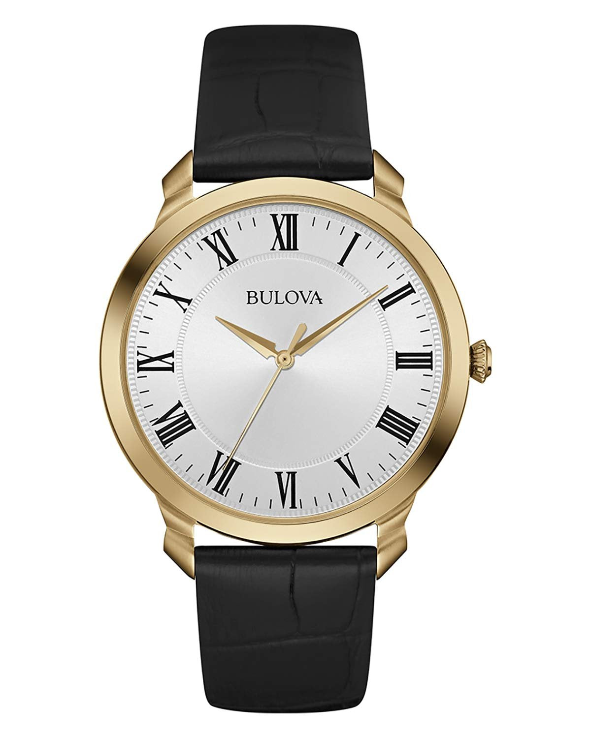 HOTBulova Men's Classic 3-Hand Quartz Black Leather Strap Watch, Roman Numeral Markers, 41mm