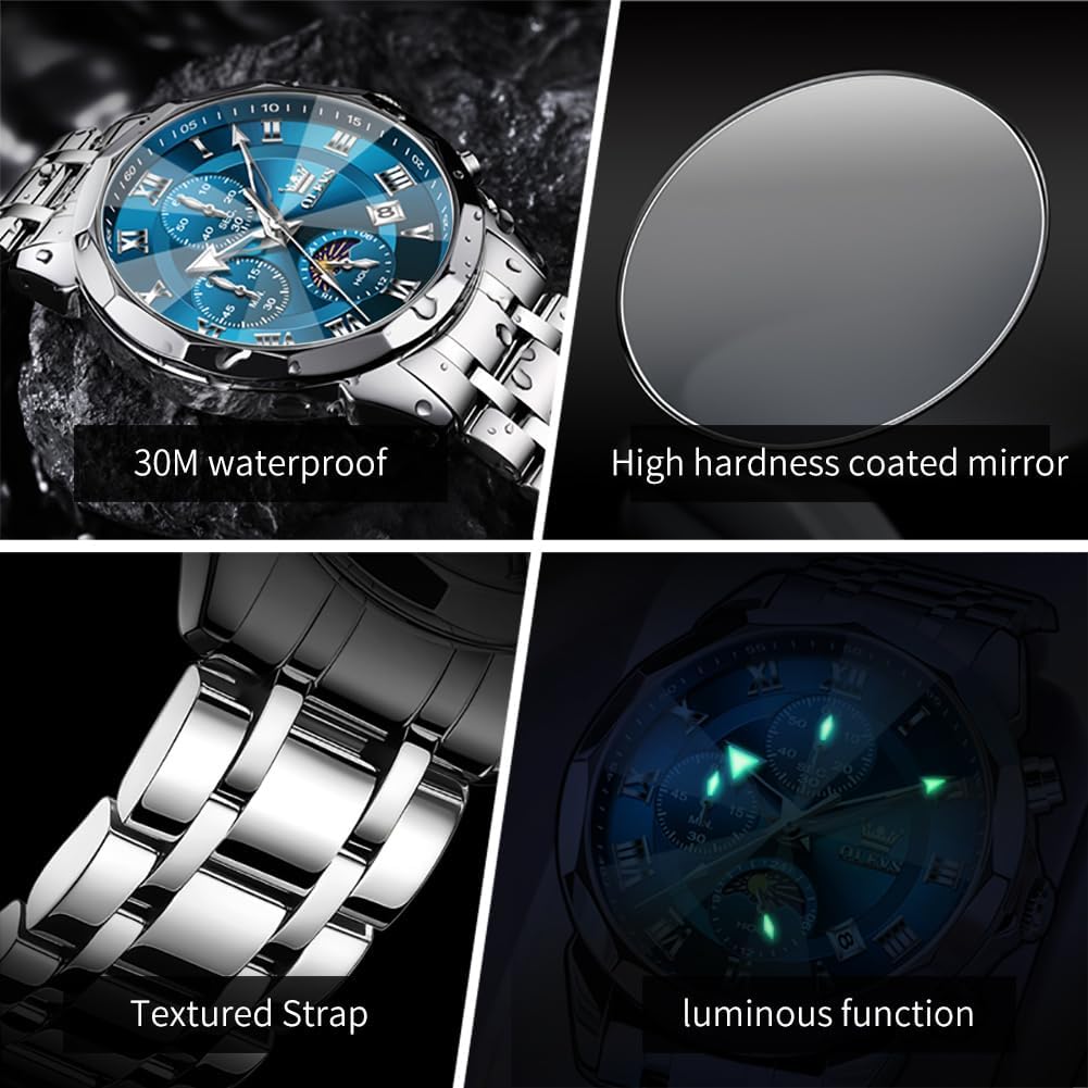 HOTOLEVS Watch Men Luxury Sliver Stainless Steel Dress Waterproof Blue Face Wrist Watches for Men Classic Analog Quartz Moon Phase Chronograph Men Watch Relojes De Hombre