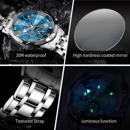 HOTOLEVS Watch Men Luxury Sliver Stainless Steel Dress Waterproof Blue Face Wrist Watches for Men Classic Analog Quartz Moon Phase Chronograph Men Watch Relojes De Hombre