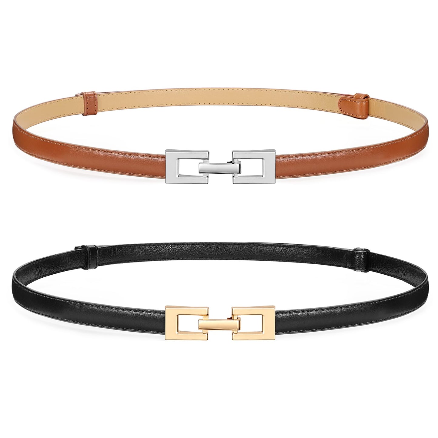 HOTWERFORU 2 Pack Women Skinny Belt Thin Waist Belt for Pants Leather Belt with Gold Buckle for Jeans Dress,0.6" width