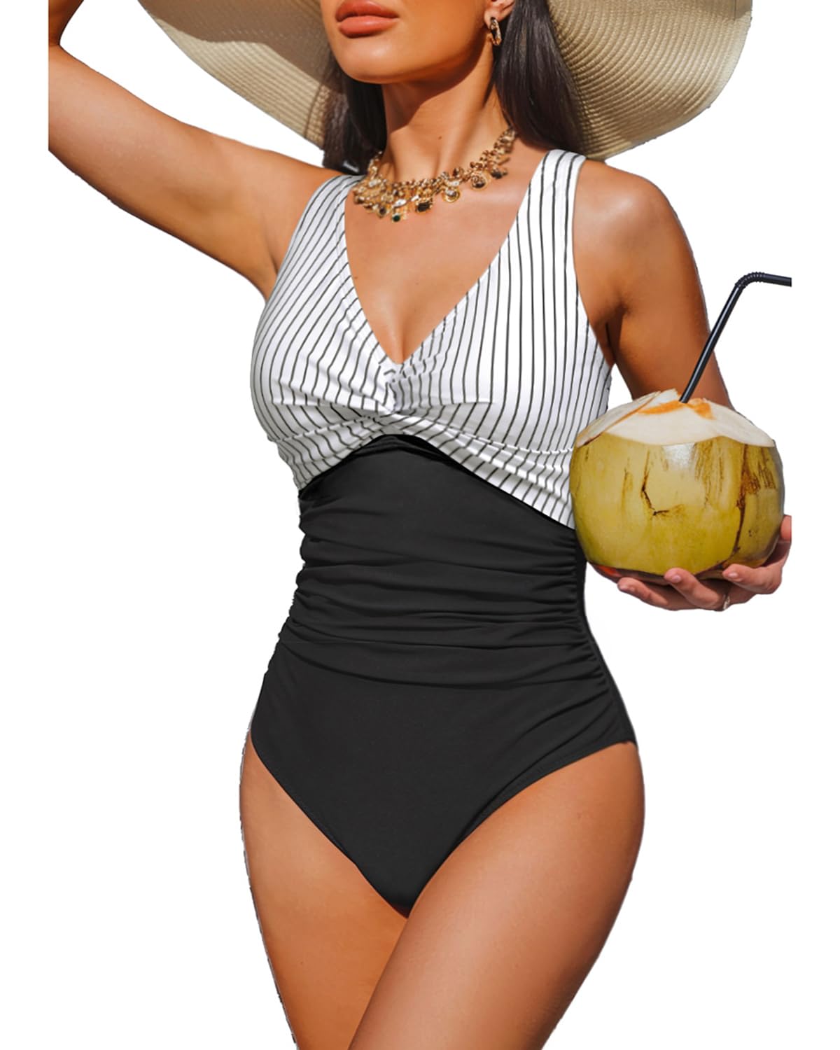 HOTWomen's Tummy Control One Piece Swimsuit Push Up Full Coverage Bathing Suit | V-Neck Twist Front, Low-Back Design, Adjustable Straps, Removable Pads, Full Coverage, Long-Torso Fit, Beach and Pool Days