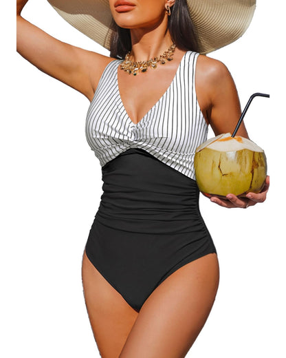 HOTWomen's Tummy Control One Piece Swimsuit Push Up Full Coverage Bathing Suit | V-Neck Twist Front, Low-Back Design, Adjustable Straps, Removable Pads, Full Coverage, Long-Torso Fit, Beach and Pool Days