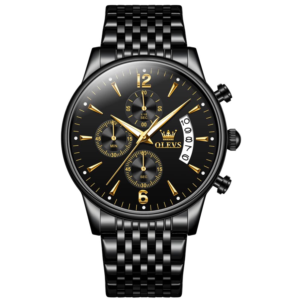 HOTOLEVS Men's Stainless Steel Chronograph Watch, Big Face Gold Silver Black Tone Easy to Read Analog Quartz Watch, Luxury Waterproof Date Diamond Roman Arabic Numerals Dial Dress Watch for Men