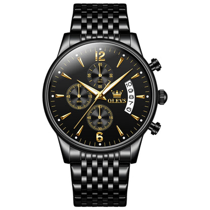 HOTOLEVS Men's Stainless Steel Chronograph Watch, Big Face Gold Silver Black Tone Easy to Read Analog Quartz Watch, Luxury Waterproof Date Diamond Roman Arabic Numerals Dial Dress Watch for Men