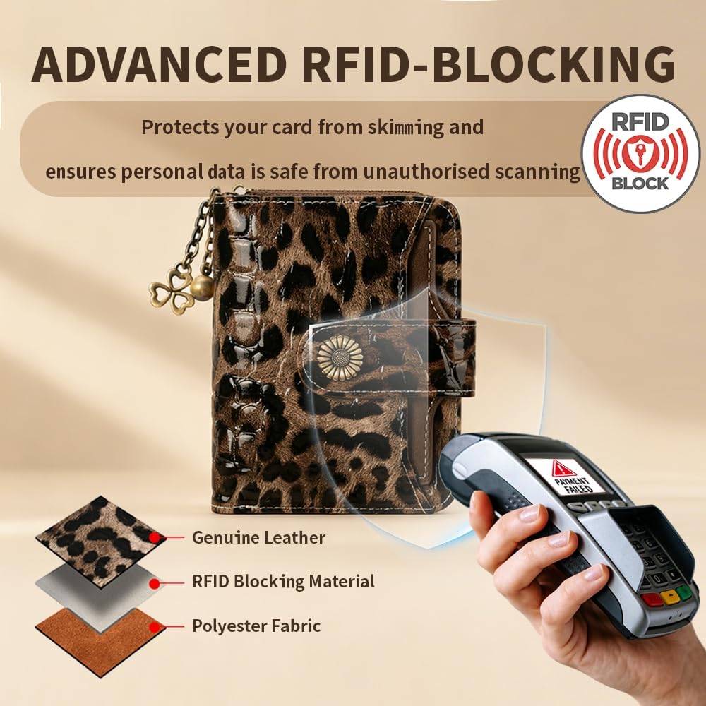 HOTWallet Women RFID Blocking Leather with Zipper Coin Pocket, Compact Small Wallet with Cash Section,8 Credit Card Holder,2 ID Window (Leopard)