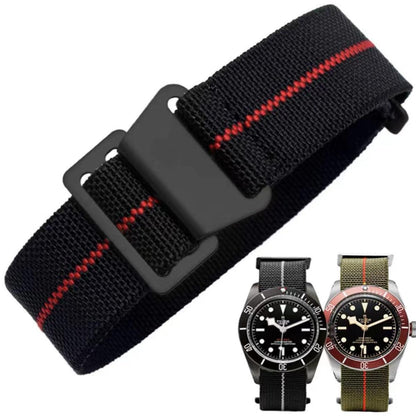 HOTFrench Troops Paratrooper Watchband,Military Elastic Nylon Watch Strap with Hook-and-Loop for Men Women Silver & Black Buckle 18/20/22mm