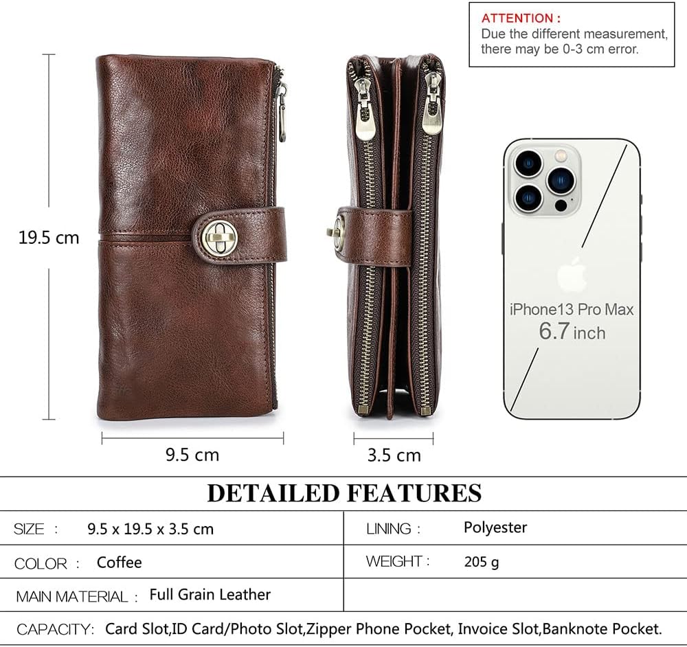 HOTCONTACTS Full Grain Leather Turnlock Wallet for Women Double Zipper Clutch Purse Compatible with AirTag Phone Organizer Rfid Wallet with 18 Card Slots (Brown)