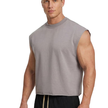 HOTMen's Cropped Tank Top Boxy Oversized for Bigger Frames, 320GSM Heavyweight French Terry Sleeveless Tee Raw Hem Streetwear