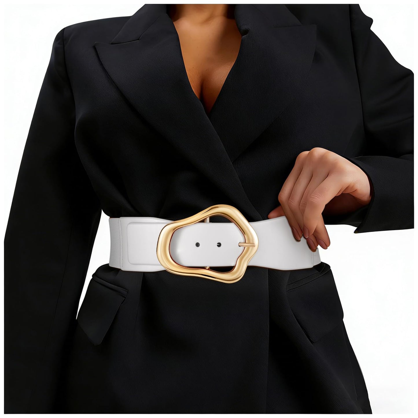 HOTXZQTIVE Women Wide Elastic Waist Belt for Dresses Fashion Big Gold Buckle Stretchy Leather Waistband for Ladies