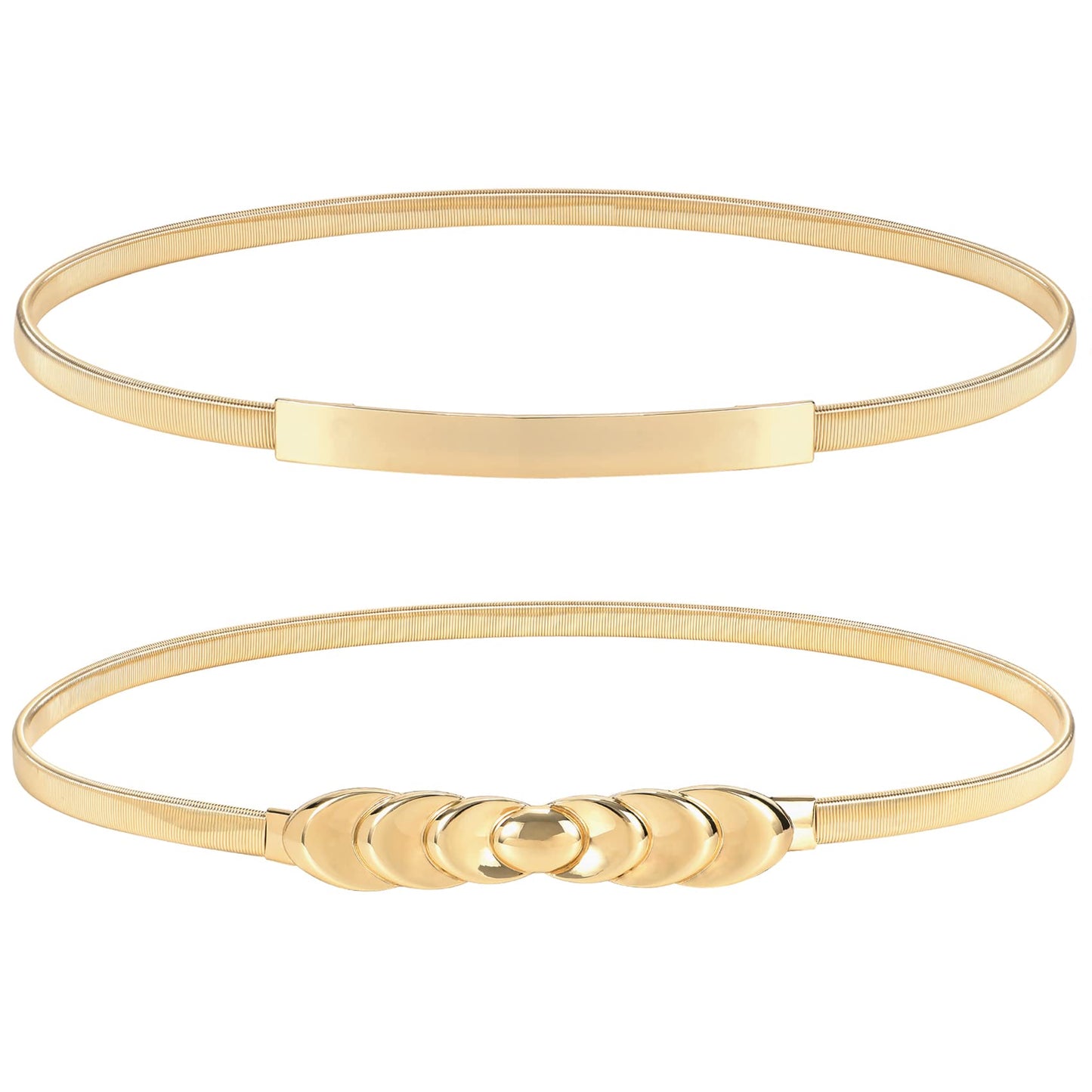 HOTXZQTIVE 2 Pieces Women Skinny Metal Chain Waist Belt Stretchy Saree Cinch Belt for Dress Gold Sliver