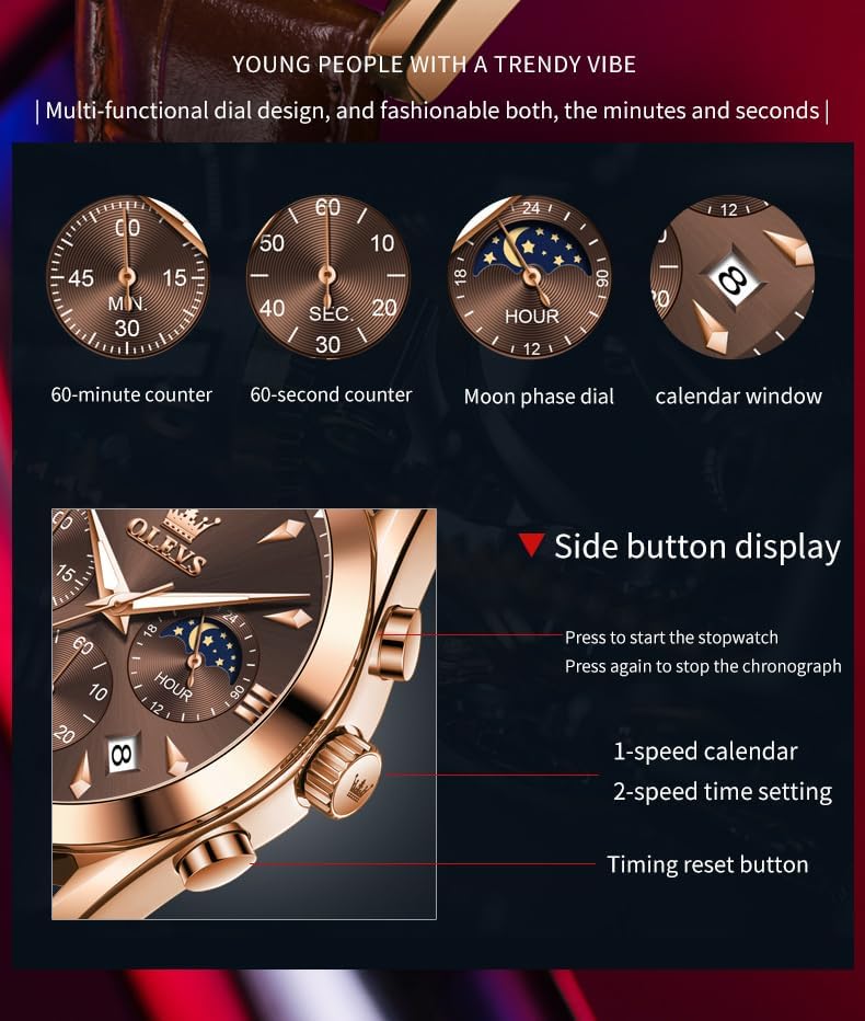 HOTOLEVS Men's Leather Analog Quartz Watch - Luxury Chronograph Wristwatch with Date, Waterproof, Luminous - Dress Style