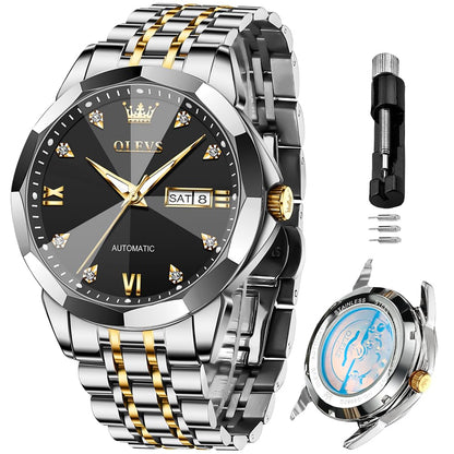 HOTOLEVS Skeleton Men Watches Automatic Business Luxury Diamond Self Winding Watch for Men Stainless Steel Calendar Wrist Watch