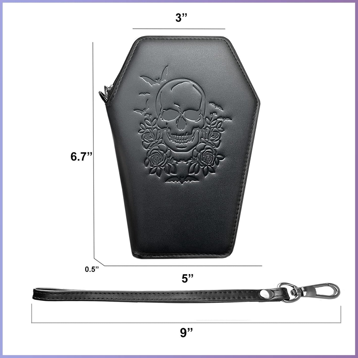 HOTLazy Skull Zip Around Coffin Wallet – Cute Witchy Small Purse for Women with Skull and Bat Design– Goth Accessory Wallet – Horror Coffin Purse– Spooky Halloween Gothic Wallet with Wristlet Strap