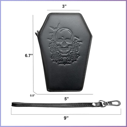 HOTLazy Skull Zip Around Coffin Wallet – Cute Witchy Small Purse for Women with Skull and Bat Design– Goth Accessory Wallet – Horror Coffin Purse– Spooky Halloween Gothic Wallet with Wristlet Strap