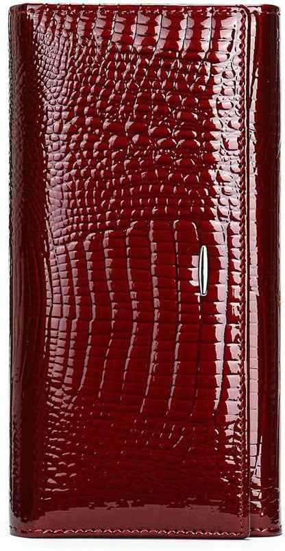 HOTWomen's Long Leather Wallet, Black Burgundy Multi-Color | Credit Card Purse, Trifold, Genuine Leather, Clutch