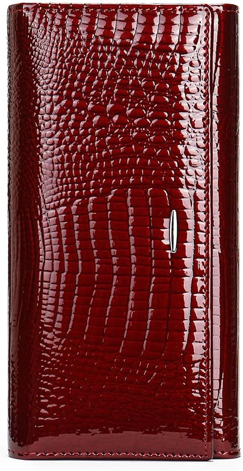 HOTWomen's Long Leather Wallet, Black Burgundy Multi-Color | Credit Card Purse, Trifold, Genuine Leather, Clutch