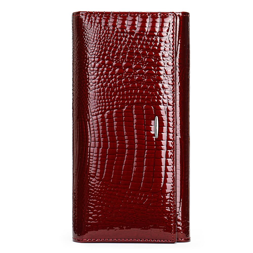 HOTWomen's Long Leather Wallet, Black Burgundy Multi-Color | Credit Card Purse, Trifold, Genuine Leather, Clutch