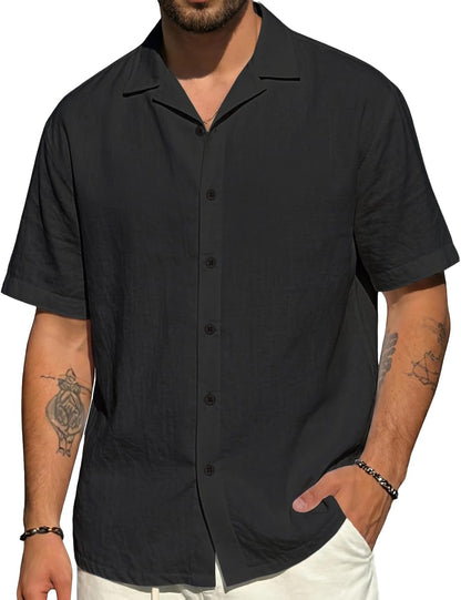 HOTMens Cotton Linen Shirt Casual Lightweight Button Down Shirt Short Sleeve Summer Beach Vacation Tops
