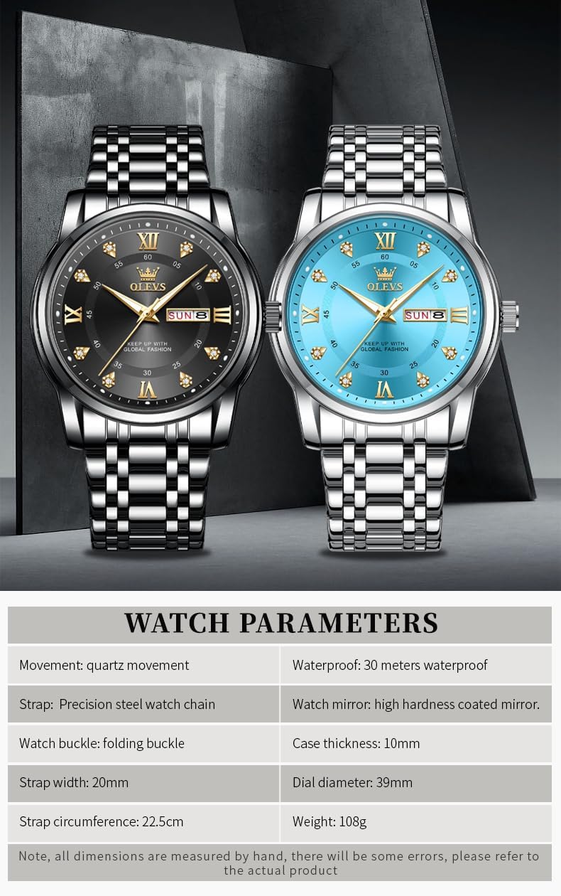 HOTOLEVS Men Watch Blue Gold Analog Quartz Stainless Steel Waterproof Luminous Date Luxury Casual Watch