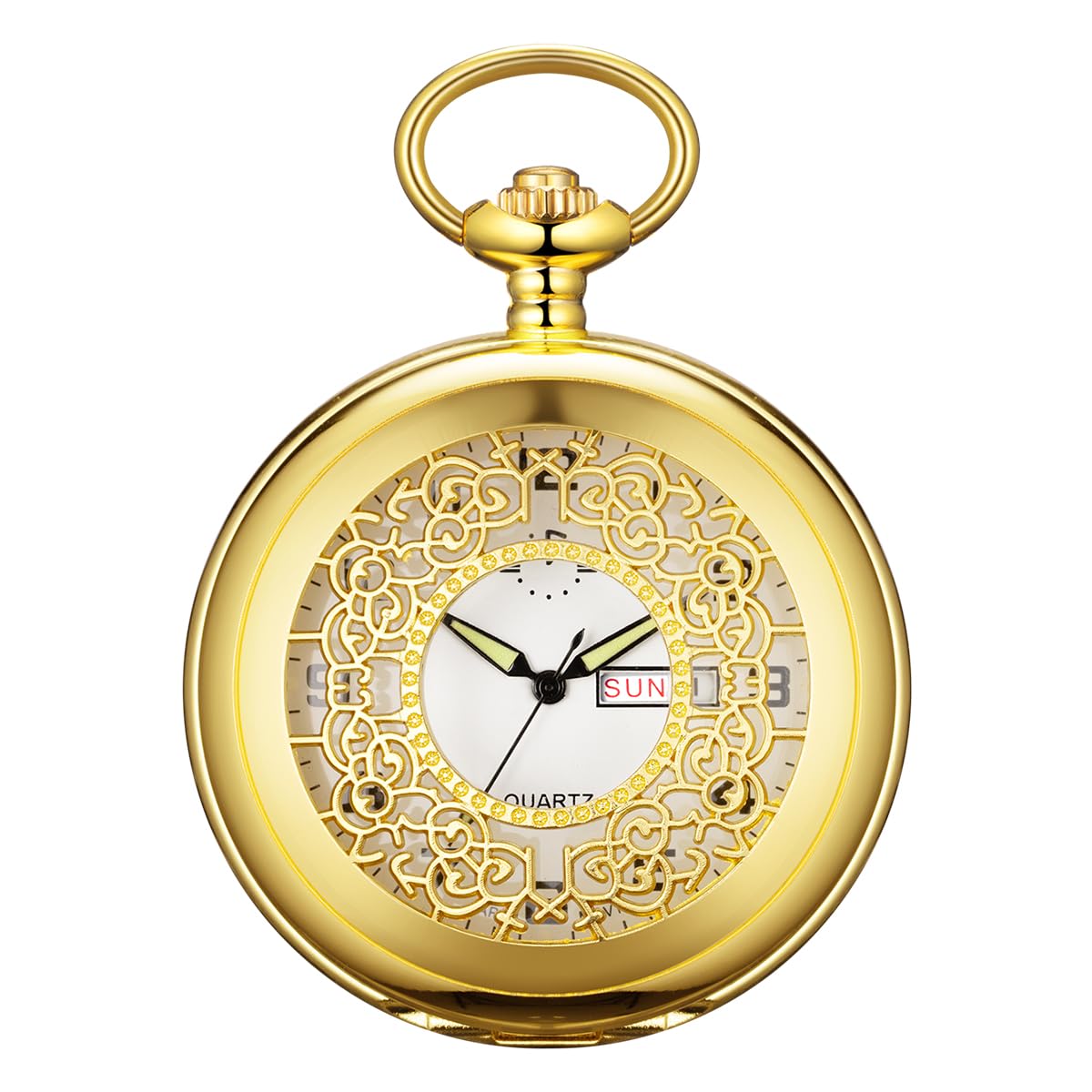 HOTBOSHIYA Smooth Quartz Pocket Watches for Men Classic Arabic Digital Luminous Dial & Day Date Pocket Watch with Chain Christmas Graduation Birthday Gifts
