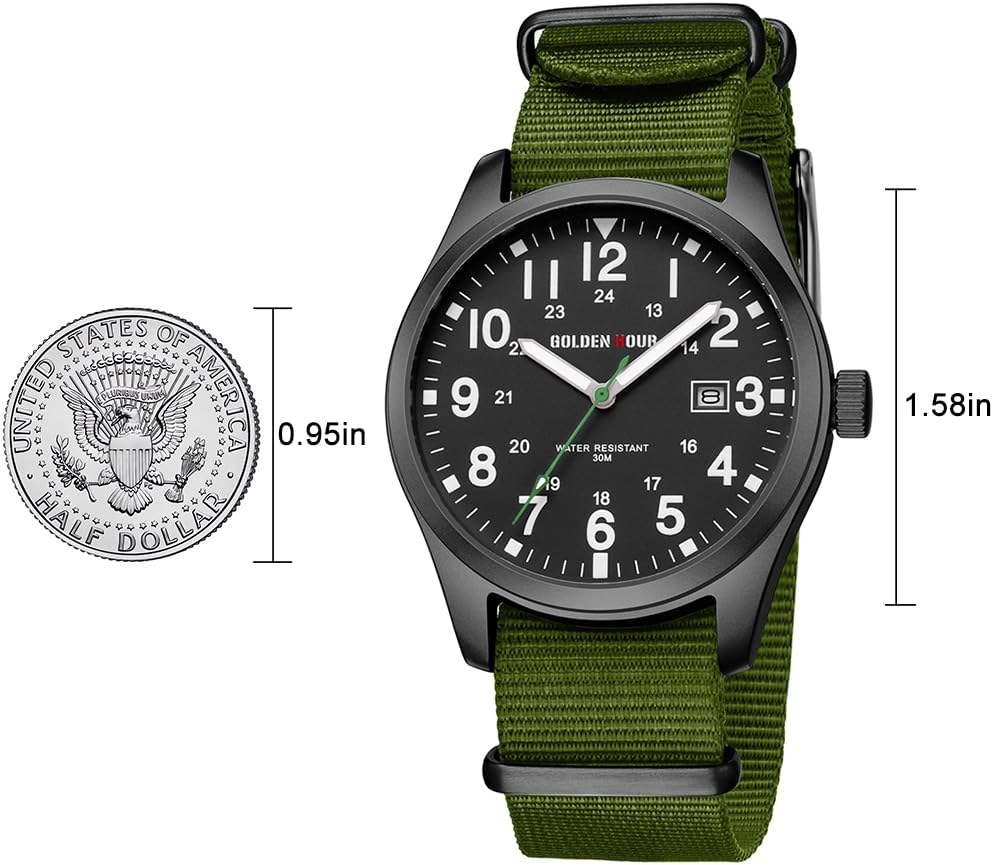 HOTGOLDEN HOUR Men's Nylon Slip-Thru Strap Watch with Military Time Easy Read Dial Glowing Hands
